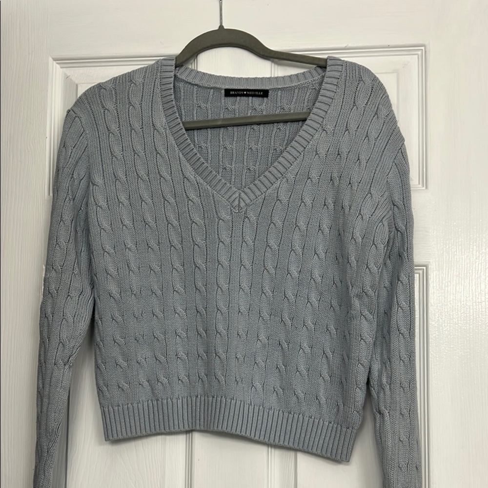 Brandy Melville light blue V-Neck Cable Knit Sweater